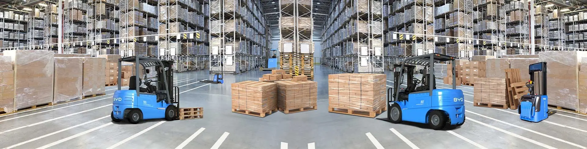Two blue BYD electric forklifts working among pallet racks in a warehouse