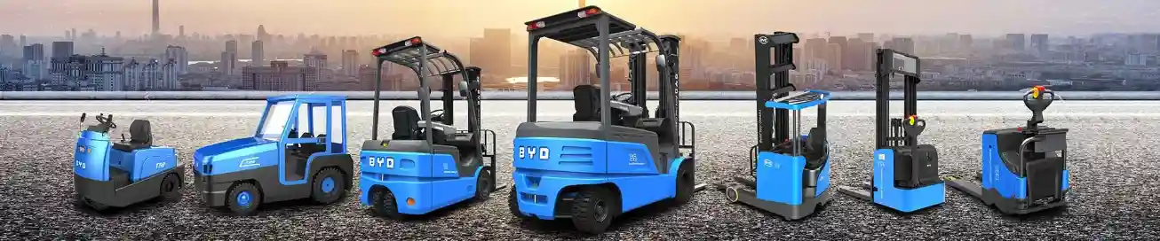 BYD electric forklifts and warehouse handling trucks displayed outdoors