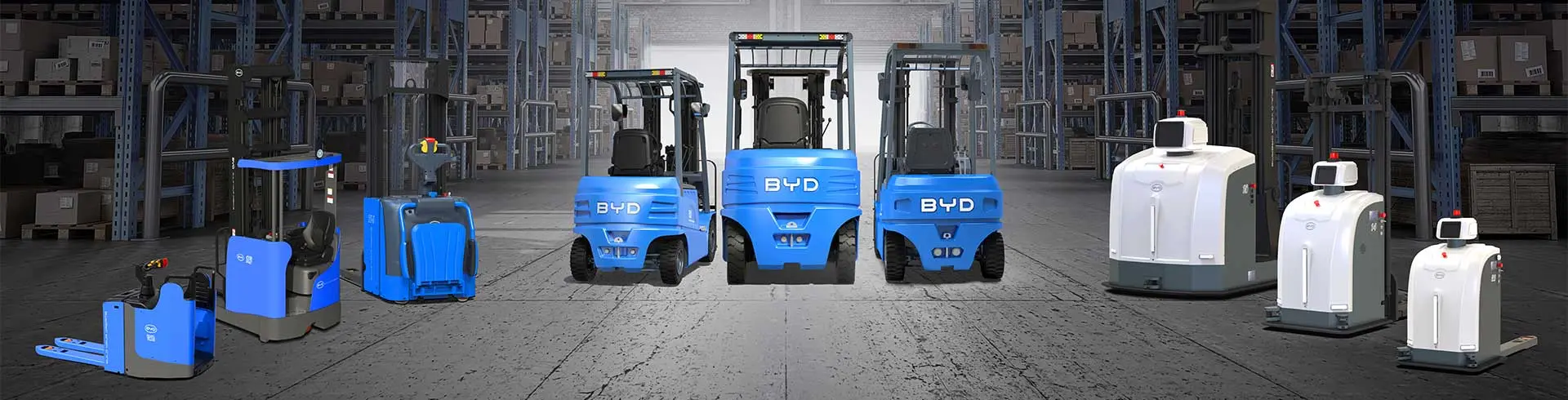 BYD electric forklift and warehouse truck range displayed inside a warehouse