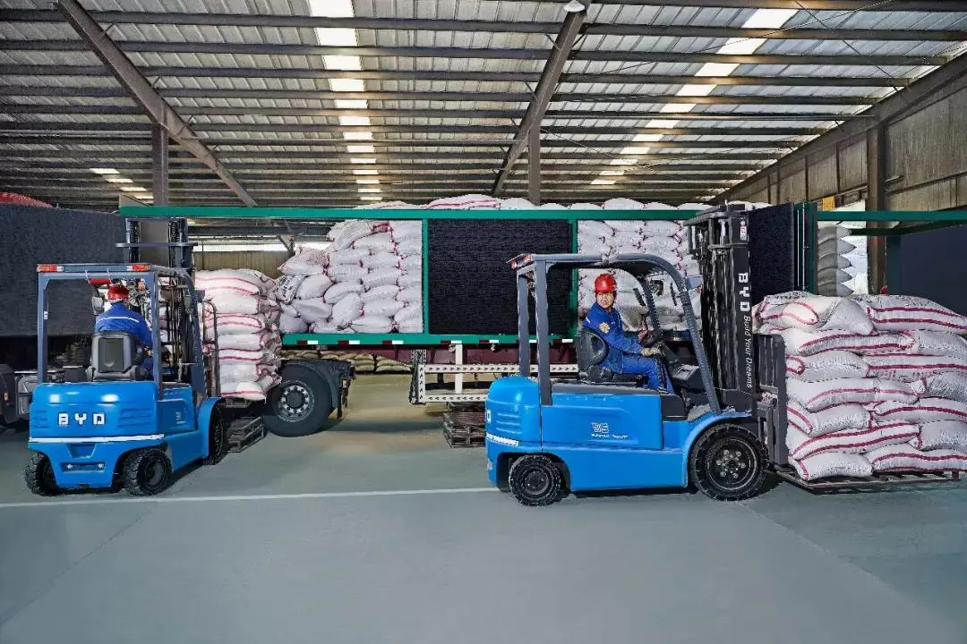 BYD electric forklifts working beside stacked feed bags and a delivery truck